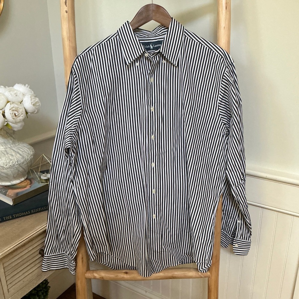 Ralph Lauren Mens Classic Fit Striped Button Down Shirt XL Navy Blue White Pony - Picture 1 of 7